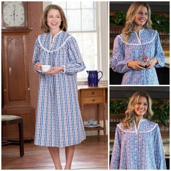 Lanz of Salzburg Sz S Nightgown Classic Blue Tyrolean Stripe Flannel NWOT - Picture 4 of 16